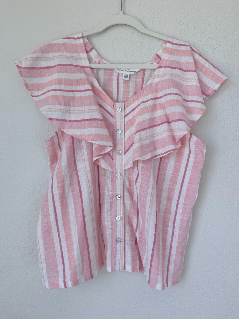 French Laundry Pink and White Striped Ruffle Button-Front Top